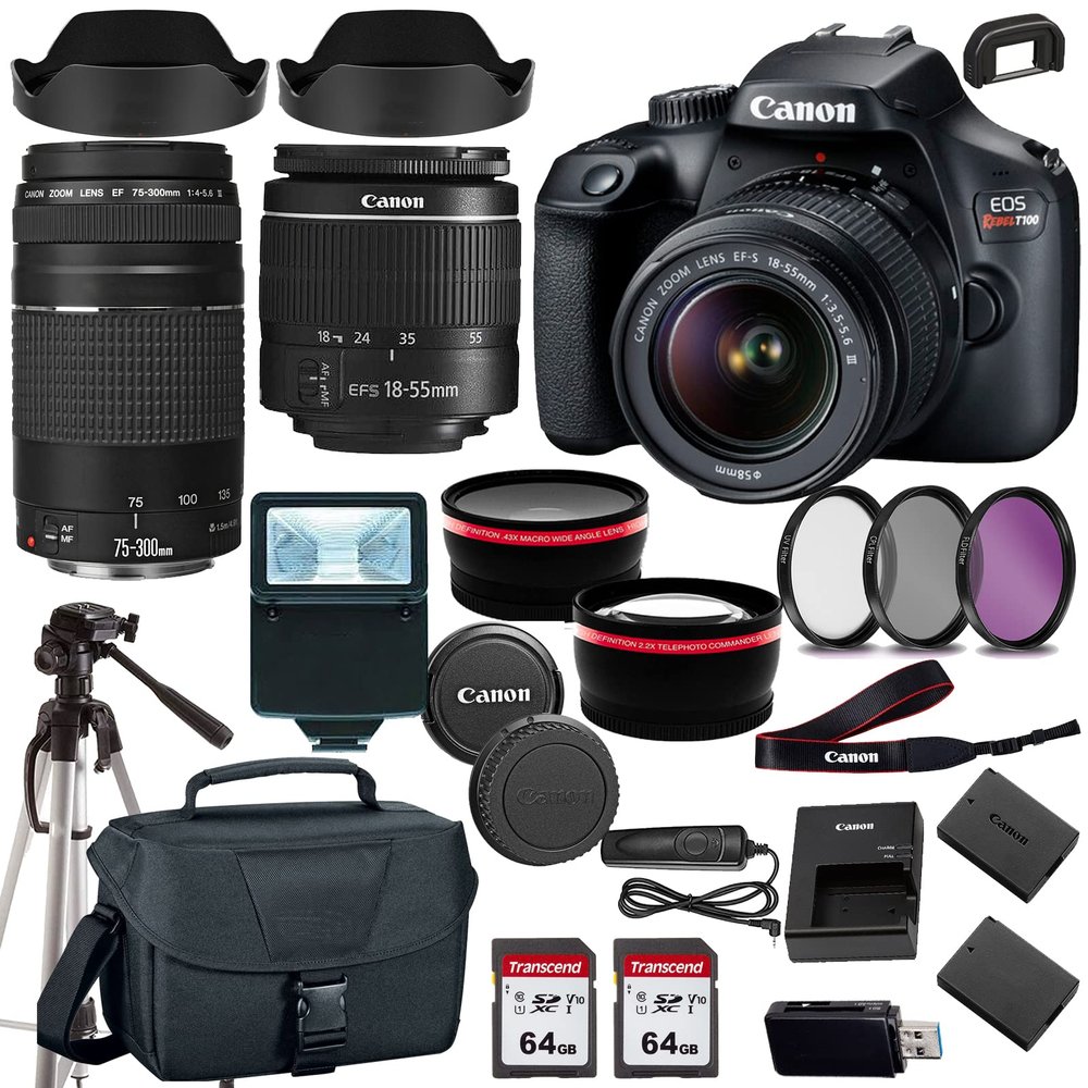 Canon EOS Rebel T100/4000D DSLR Camera w EF-S 18-55mm F/3.5-5.6 Zoom Lens EF 75-300mm III Lens+case+128Memory Cards (24PC) (Renewed)