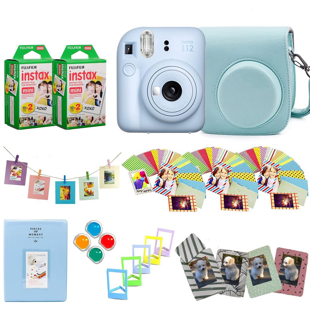 Fujifilm Instax Mini 12 Instant Camera + Pro Design Accessory Bundle with Protective Case, Magnetic Frames, Album, Frames Design Kit (40 Sheets) (Pastel Blue)