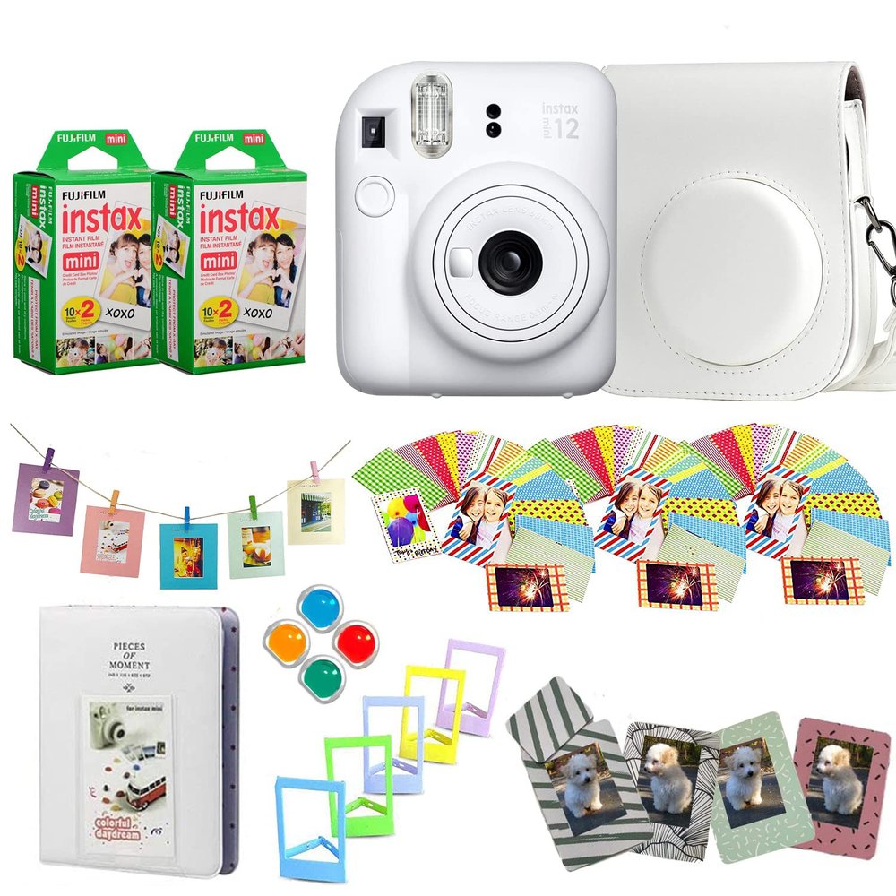 Fujifilm Instax Mini 12 Instant Camera + Pro Design Accessory Bundle with Protective Case, Magnetic Frames, Album, Frames Design Kit (40 Sheets) (Clay White)