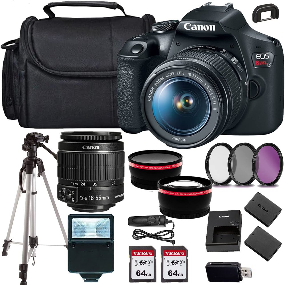 Canon EOS Rebel T7 DSLR Camera with 18-55mm Lens+case+128Memory Cards (24PC) (Renewed)