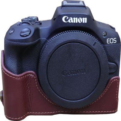 BMAOLLONGB R50 Case, Handmade Genuine Real Leather Half Camera Case Bag Cover for Canon Eos R50 Bottom Opening Version + Hand Strap (Coffee)
