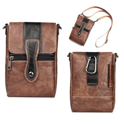 Cell Phone Shoulder Bag for Men, Leather Phone Waist Bag, Vertical Multiple Belt Pockets PU Leather Cellphone Case Belt Pouch Holder Crossbody Holster Hip Bum Bag with Belt Loop and Carabiner Hook