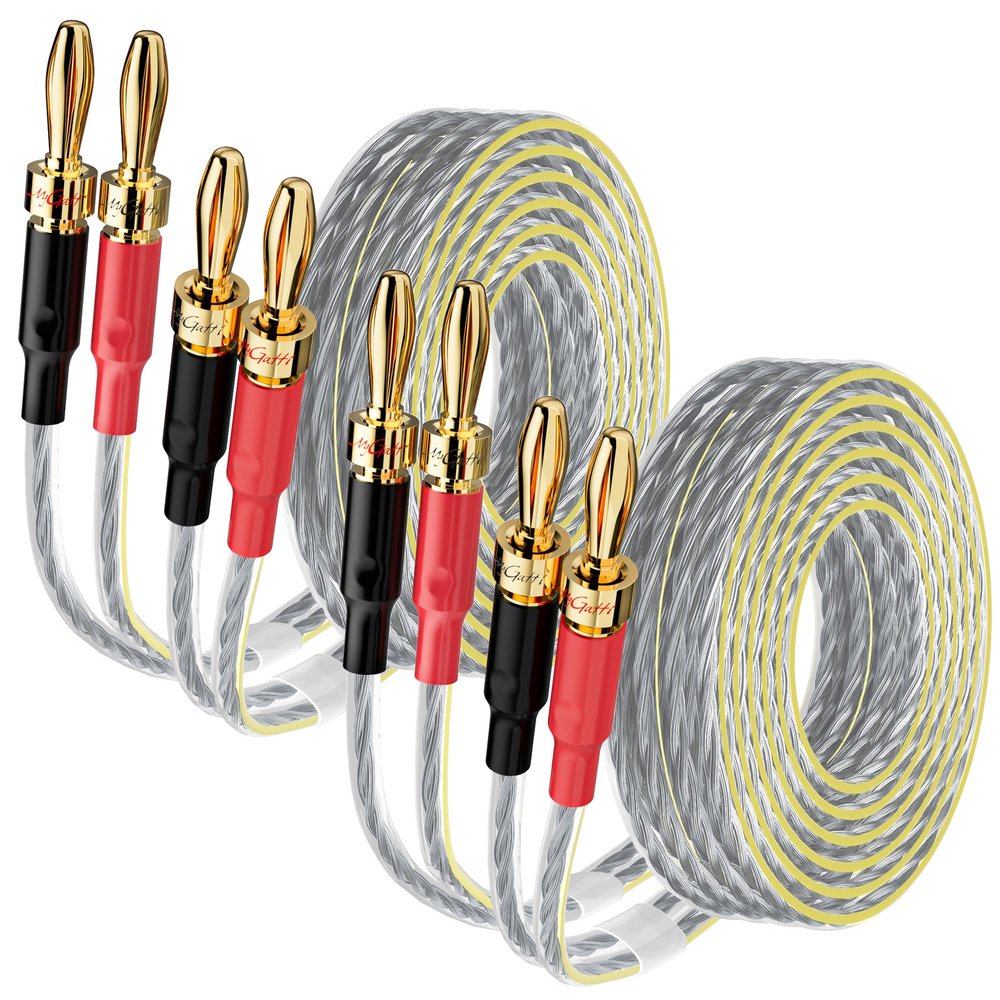 Mygatti 2 Pack 16/2 Speaker Flat Wire Cable with Banana Tip Plugs 6 FT, 16 Gauge AWG Wire, Tinned OFC Copper, Transparent Jacket with Yellow Polarity Marker, for Indoor & Outdoor, Hi-Fi