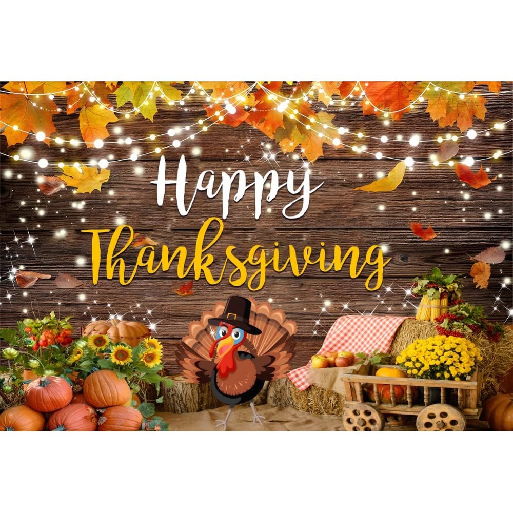 Leowefowa Thanksgiving Wooden Photography Backdrops 10x7ft Happy Thanksgiving Fall Autumn Harvest Pumpkin Turkey Decors Background for Friendsgiving Party Kids Children Family Portrait Studio Props