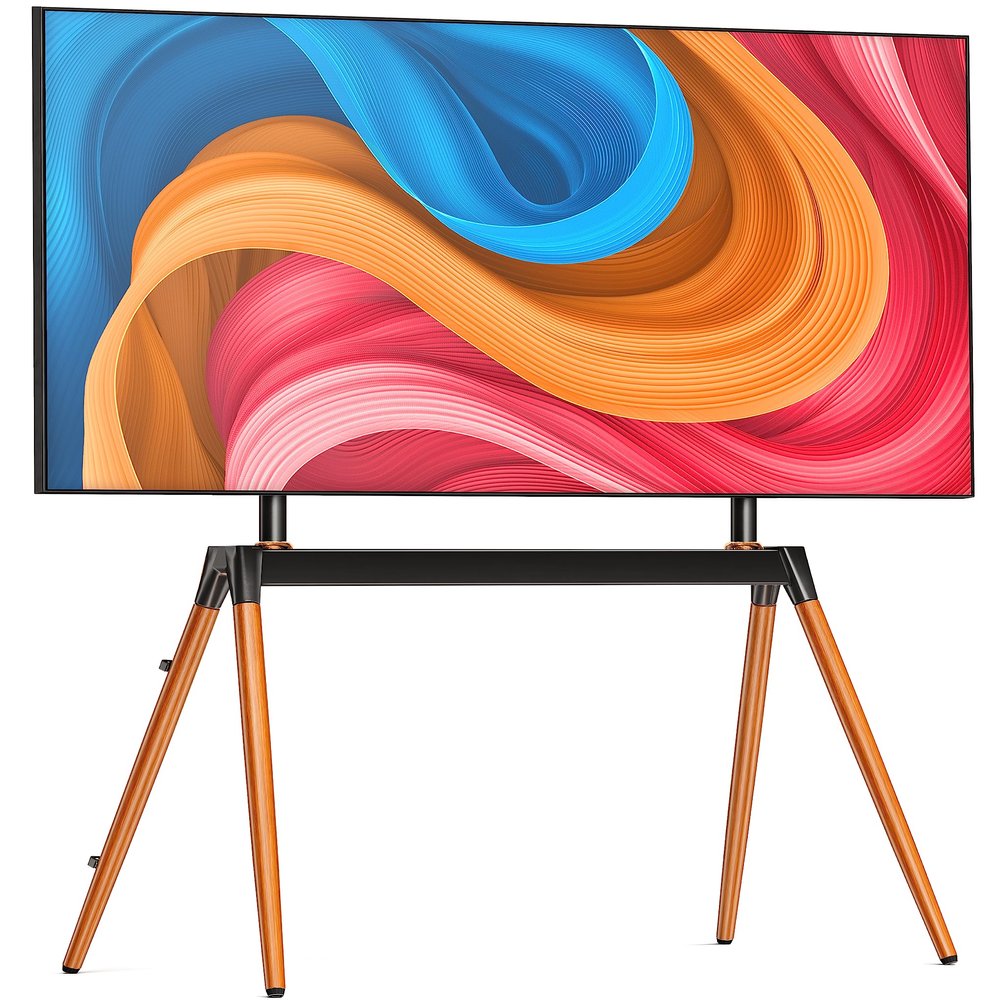 Ergounion Easel TV Stand for 32-86 Inch LCD LED Flat or Curved Screen up to 132 lbs, Height Adjustable Tripod TV Floor Stand with Wood Legs and Cable Ties