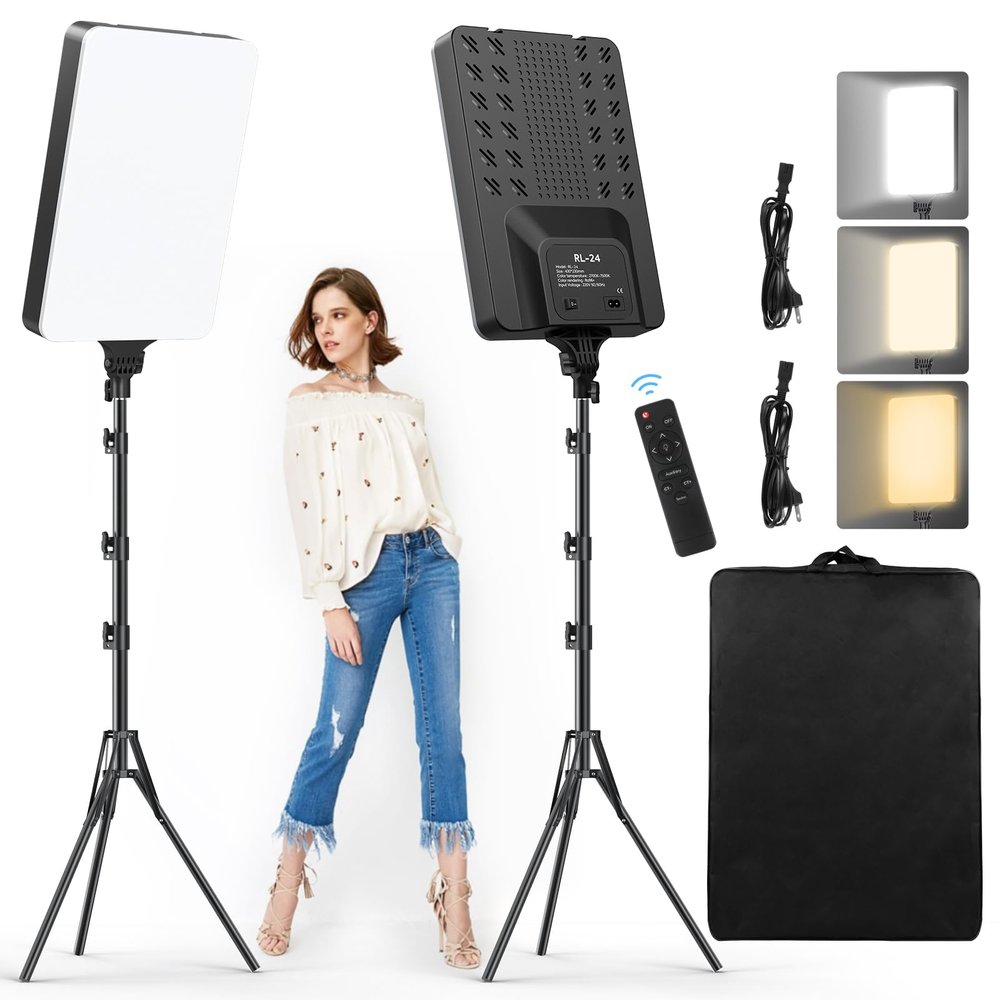 2-Pack 24'' LED Video Light Kit, Heorryn 2800-7500K Dimmable Photography Lighting with Remote and 75inches Stand, CRI 96+ Studio Lights for TikTok, YouTube, Game Streaming, Video Photography