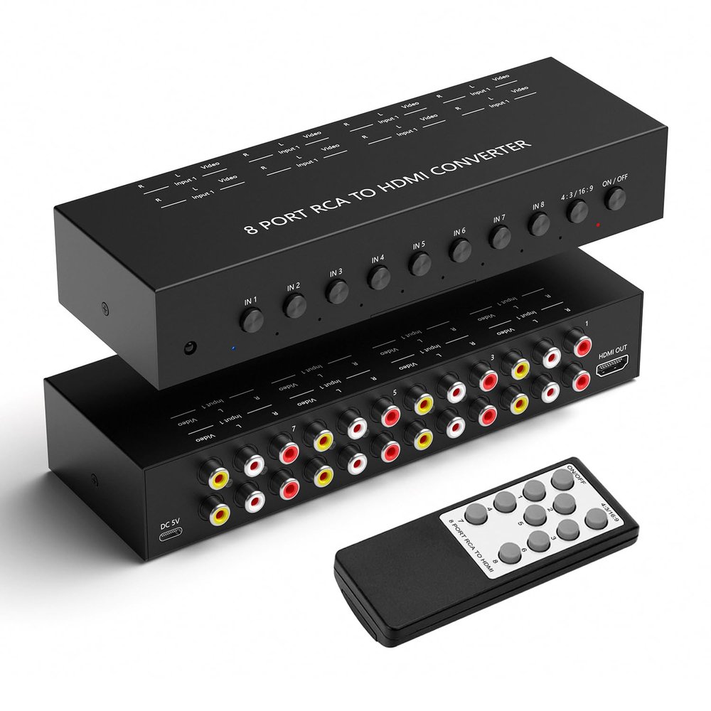 Dingsun 8Port AV to HDMI Converter, Will Convert Input Analog Aignals to a Digital Output Signal, Built-in 16:9/4:3 Adjustment, Perfect for Old Video Game Systems,PS,WII,Xbox,DVD,VHS(with Remote)