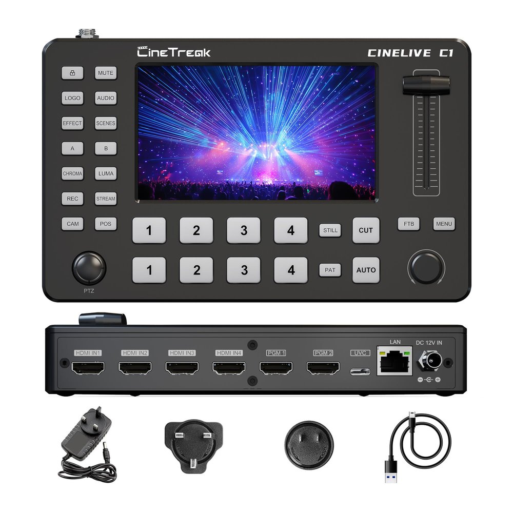 CINETREAK C1 4*HDMI Video Mixer Switcher with 5inch Screen livestream Video Mixer H.264 Recorder with PTZ Camera Control Broadcast switcher Live Production Mixer for OBS,Vmix,YouTube,Ins