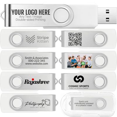 [100pcs] Custom Logo USB Flash Drive 4GB 100 Pack JBOS Bulk Personalized USB Drives with Your Logo Customized Promotional Thumb Drives with Brand Name/Site Address/Contact info - White