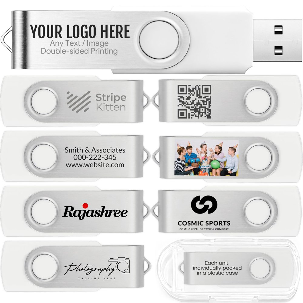 [100pcs] Custom Logo USB Flash Drive 4GB 100 Pack JBOS Bulk Personalized USB Drives with Your Logo Customized Promotional Thumb Drives with Brand Name/Site Address/Contact info - White