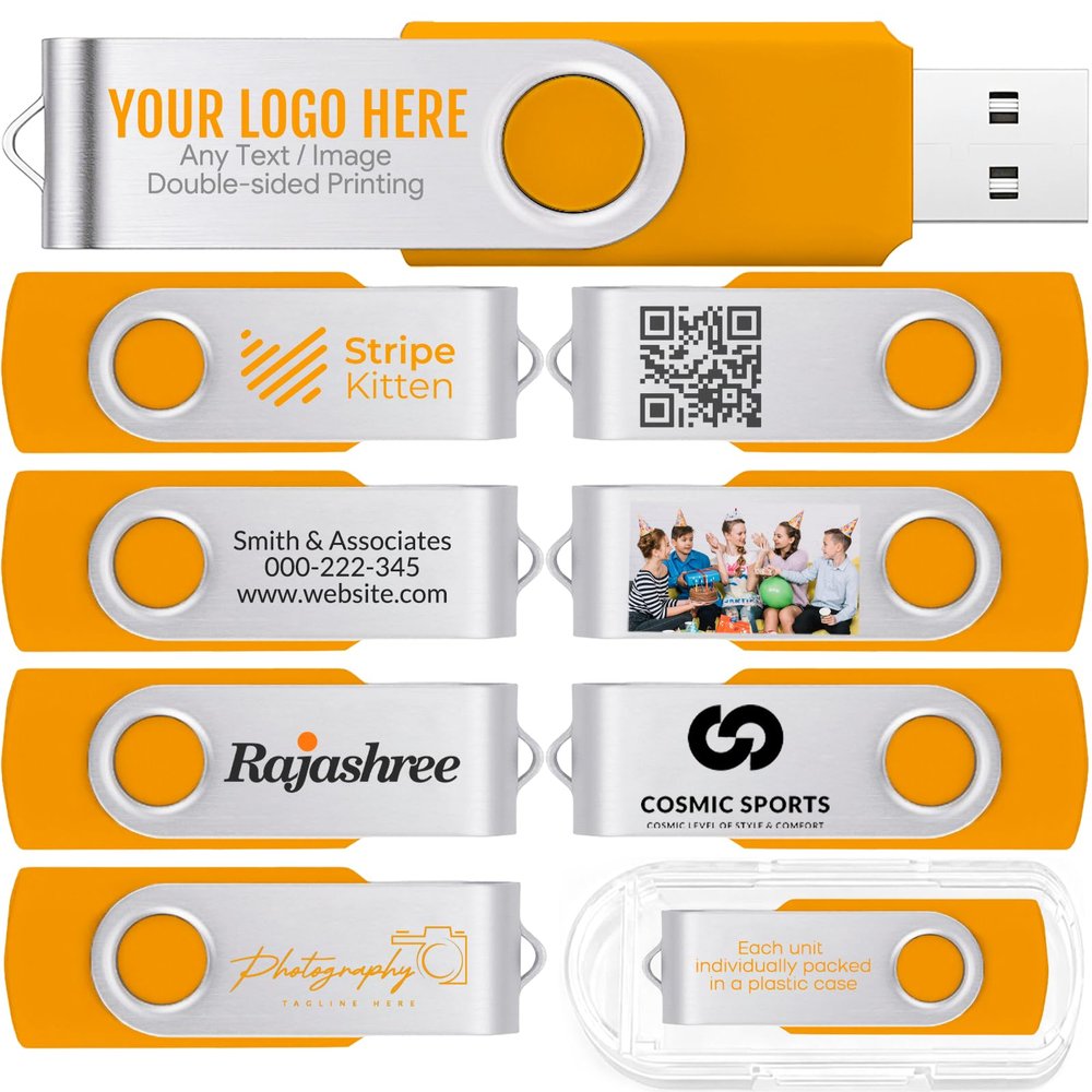 [100pcs] Custom Logo USB Flash Drive 4GB 100 Pack JBOS Bulk Personalized USB Drives with Your Logo Customized Promotional Thumb Drives with Brand Name/Site Address/Contact info - Orange