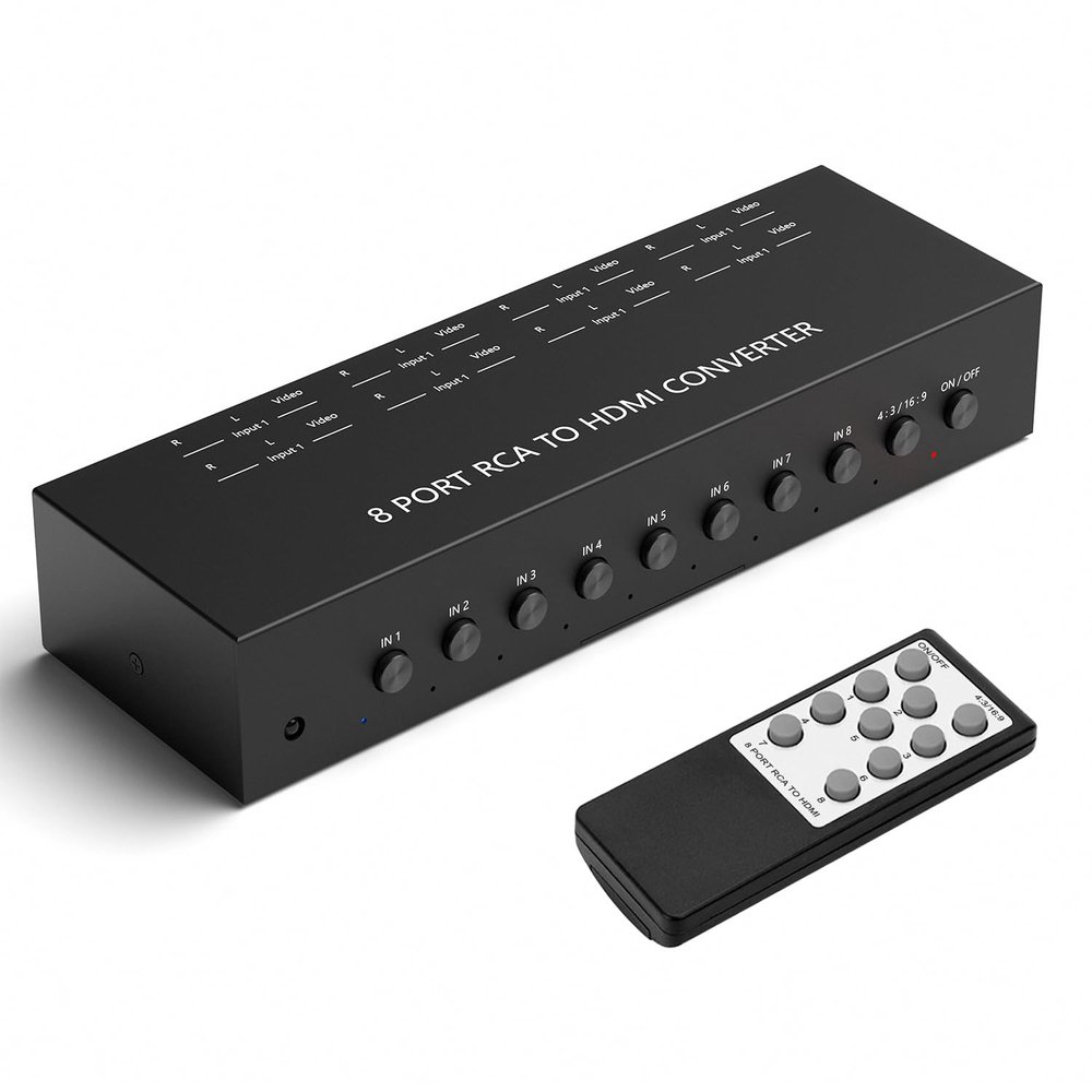 LVY 8 Port RCA to HDMI Converter - 8 AV Inputs, 1 HDMI Output - 720/1080P Support, Compatible with WII, N64, PS2, PS3, VHS, VCR, DVD Players