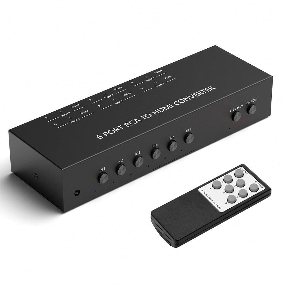 LVY 6 Port RCA AV to HDMI Converter - 720/1080P Support, 16:9/4:3 Switcher - Compatible with Wii, N64, PS2, PS3, VHS, VCR, DVD Players (6AV Input, 1 HDMI Output)