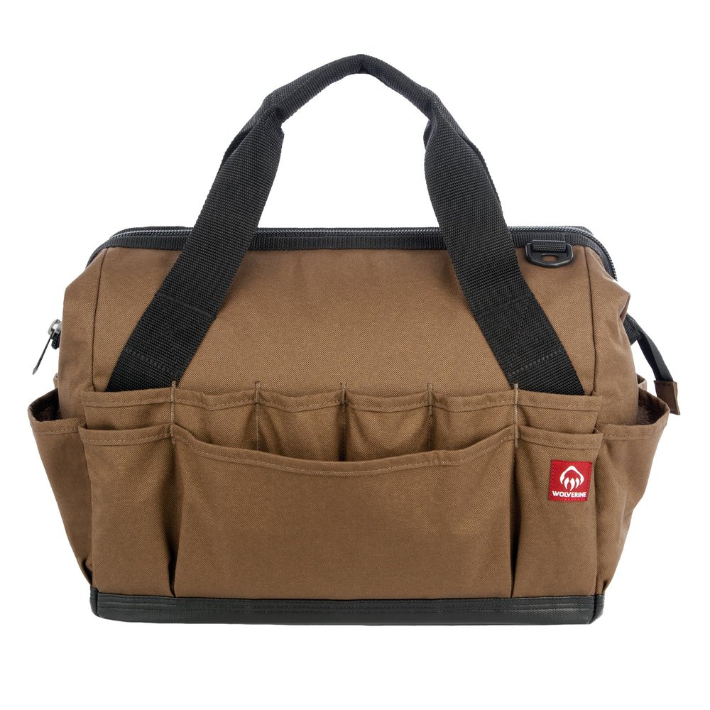 WOLVERINE Tool Bag | Tote| Utility Roll | Durable Nailhead Nylon, Adjustable Straps, and Versatile Pockets for On-the-Go Tool Organization, 16 Inch 34 Pocket Bag, Chestnut