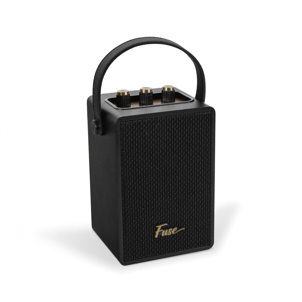 Fuse Andle Vintage Retro Bluetooth Speaker with Vegan Leather Handle | Portable Speaker with Smartphone Connection | USB & AUX Input | Stylish Black Wood Exterior