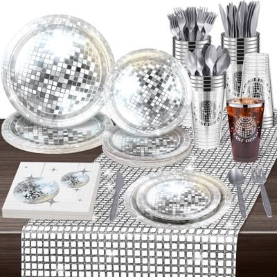 durony 169 Pieces 70s 80s Disco Party Supplies, Severs 24 Silver Disco Ball Dinnerware Include Plates Cups Cocktail Napkins Plastic Cutlery Table Runner for Bachelorette Birthday Party