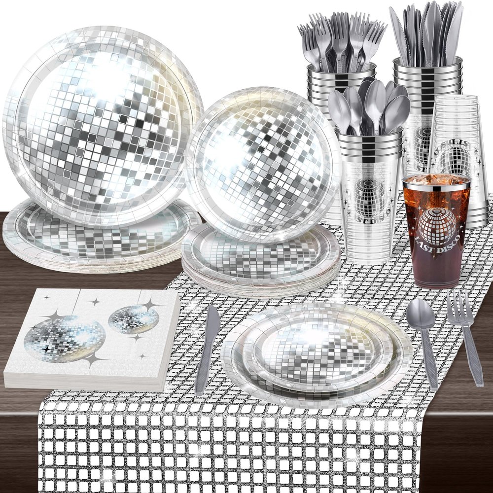 durony 169 Pieces 70s 80s Disco Party Supplies, Severs 24 Silver Disco Ball Dinnerware Include Plates Cups Cocktail Napkins Plastic Cutlery Table Runner for Bachelorette Birthday Party