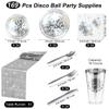 durony 169 Pieces 70s 80s Disco Party Supplies, Severs 24 Silver Disco Ball Dinnerware Include Plates Cups Cocktail Napkins Plastic Cutlery Table Runner for Bachelorette Birthday Party view 2