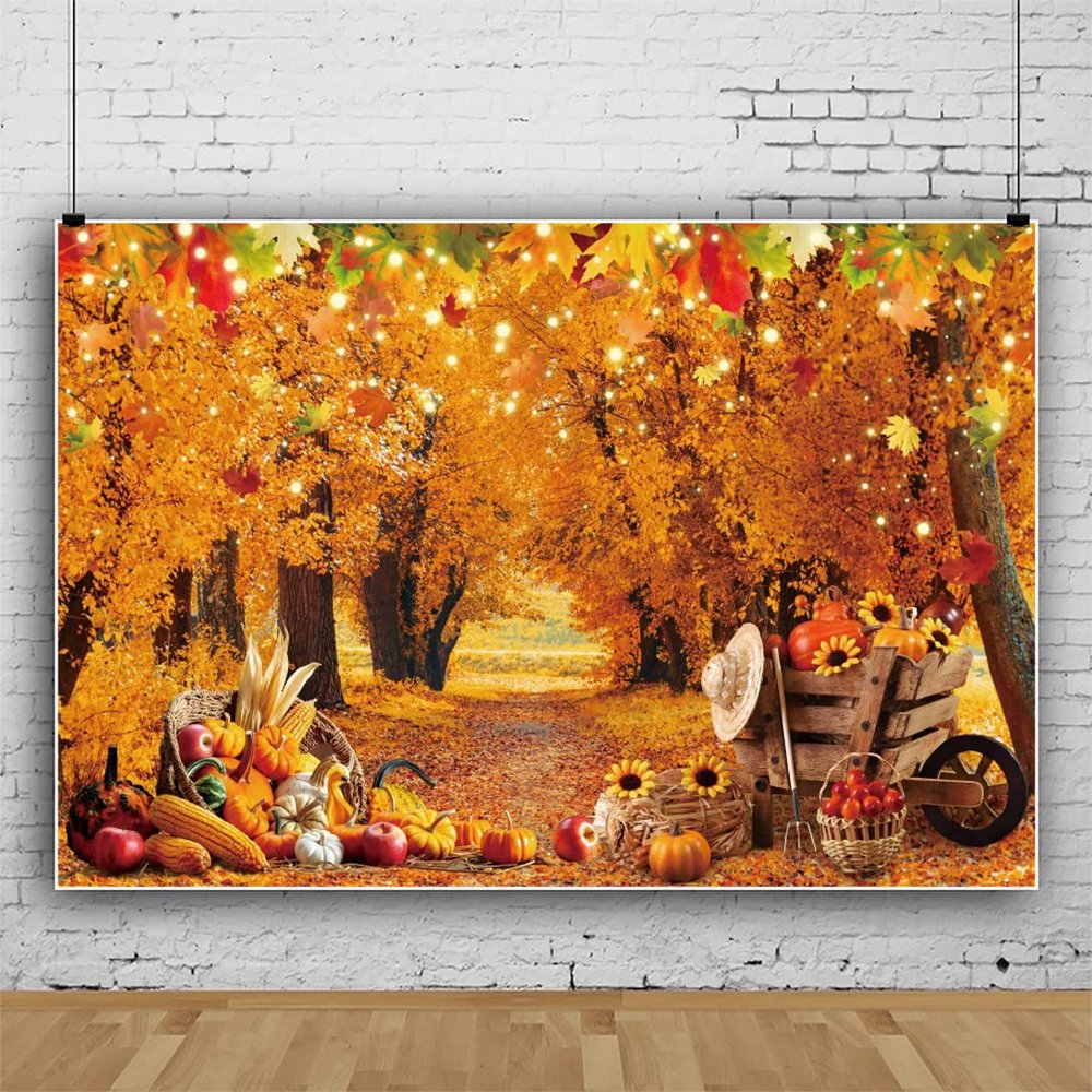 10x6.5ft Vinyl Fall Forest Photography Backdrop Autumn Maple Leaves Frinedsgiving Background Thanksgiving Pumpkin Woodland Tree Farm Harvest Banner Baby Shower Party Decor Photo Booth Props