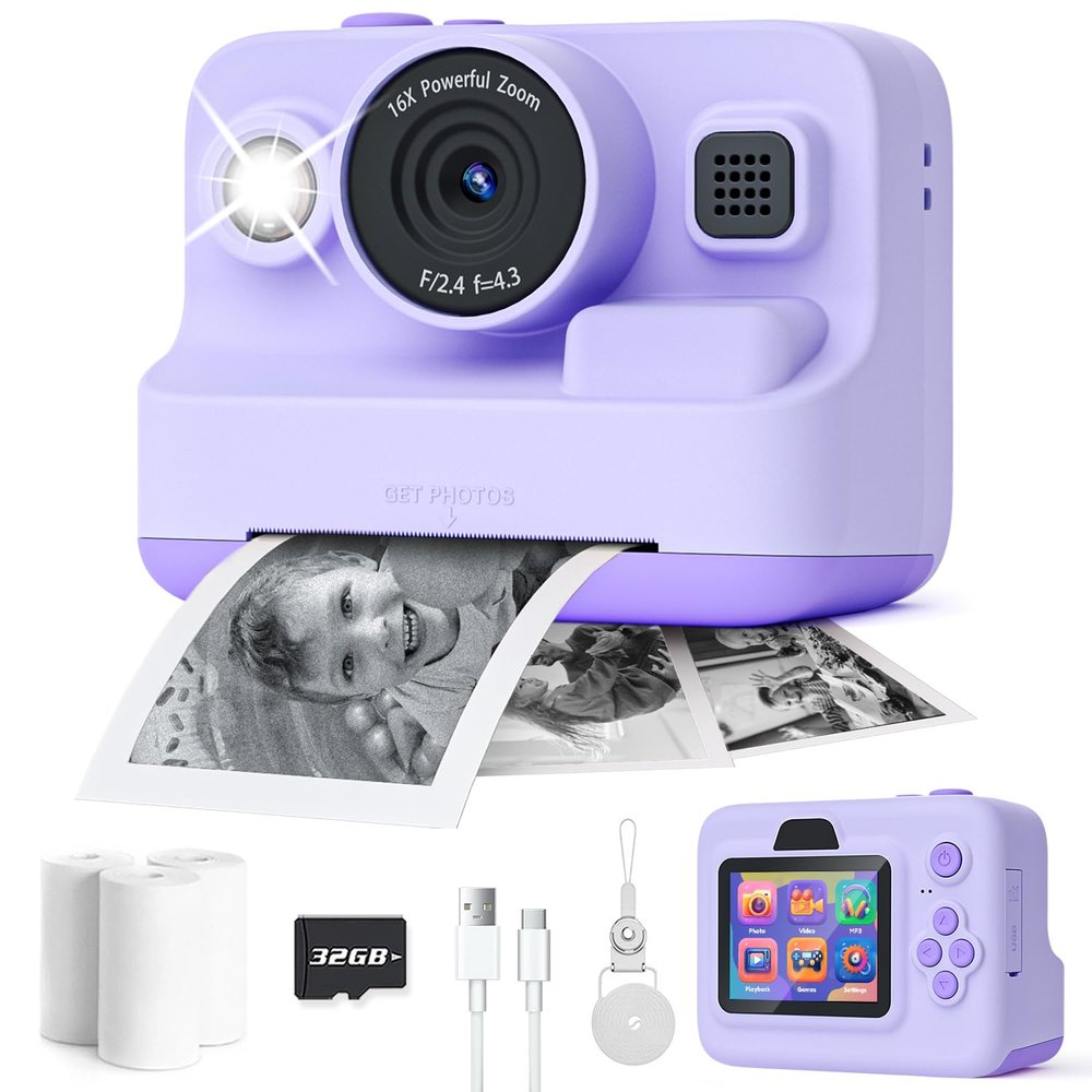 Instant Print Camera for Kids,2.4 Inch Screen Kids Instant Cameras, Christmas Birthday Gifts for Girls Age 3-12, Portable Toddler Toy for 3 4 5 6 7 8 9 10 Year Old Girls Boys Purple