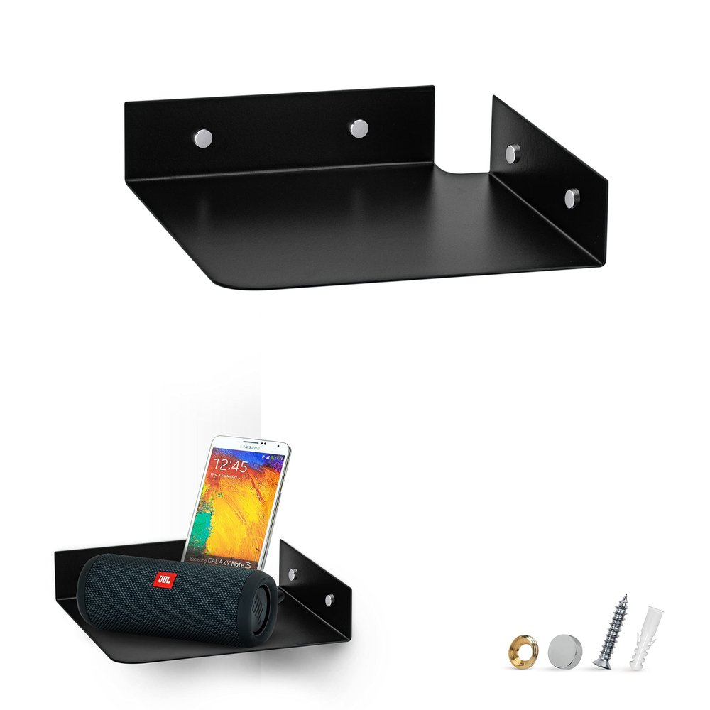 8" Metal Corner Wall Mount Shelf for Baby Monitors, Security Cameras, Sonos Speaker, Also For Wif Routers, Decor, Plants, Router, Photos, Kitchen, Bathroom, Cable Box & More, Universal (Black)