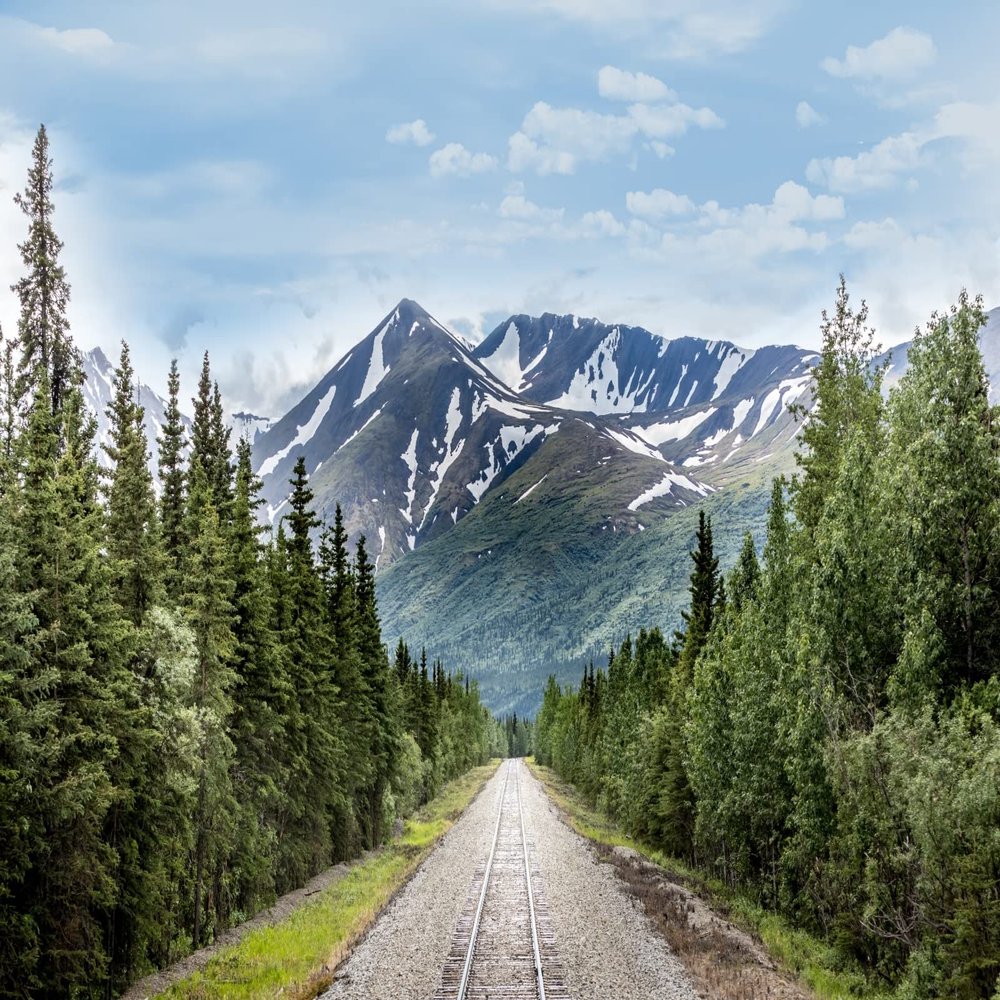 BELECO 8x6ft Fabric Snow-Capped Mountains Railroad Track Backdrop Alaska Wilderness Road Pine Trees Forest Snow Mountains Nature Landscape Background Wallpaper Photo Booth Studio Props