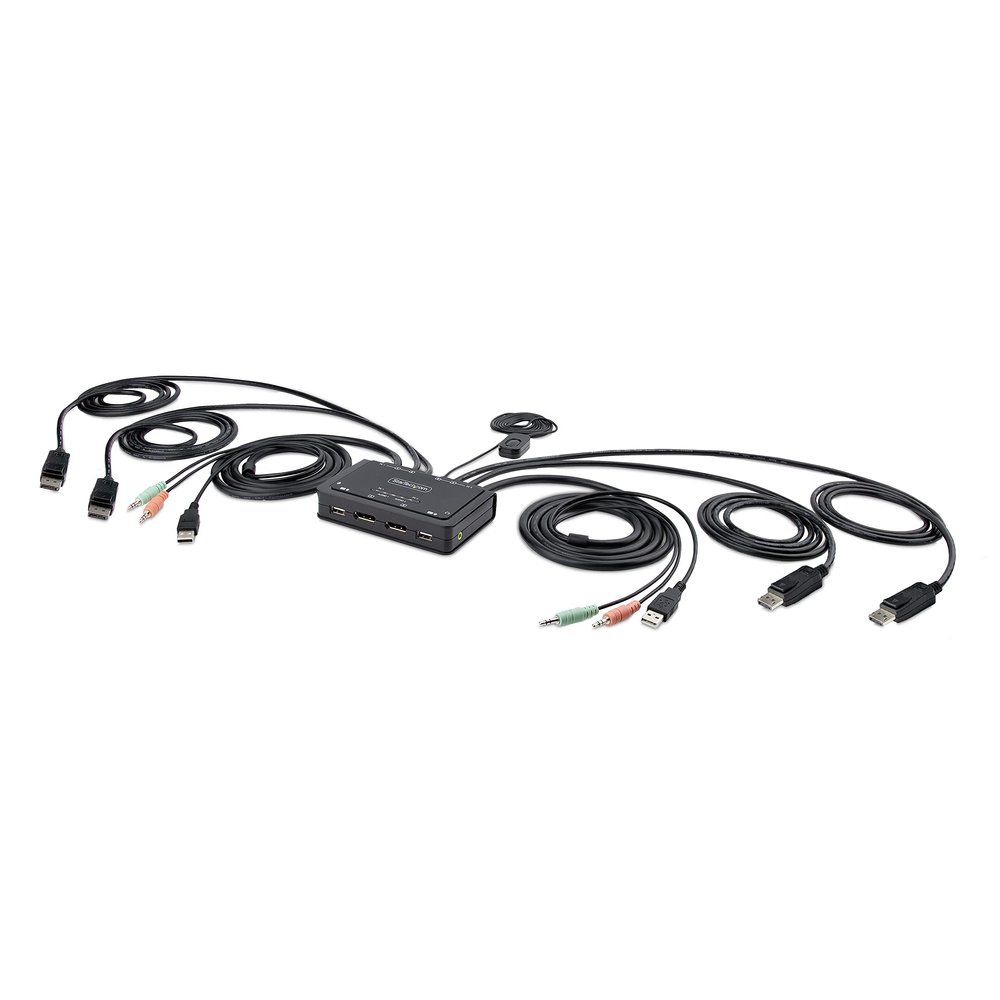 StarTech.com 2-Port Dual-Monitor DisplayPort Cable KVM Switch, 4K 60Hz, Compact KVM with 5ft/1.5m USB-A/DisplayPort/Audio Integrated Cables, Bus Powered, Remote/Hotkey Switching (C2-DD46-UA2-CBL-KVM)