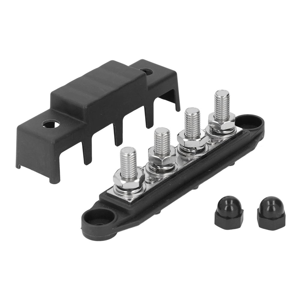 4 Position Bus Bar, Low Resistance Terminal Distribution Block M10 Studs 48V 250A for Automobile RV Yacht (Black)