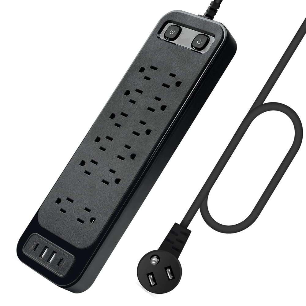 10FT Power Strip with USB Ports Extension Cord, 12 Outlets and 2 USB & 2 USB-C Port(5V 3.1A),Bold Extension Cord with Fuse Surge Protected Flat Plug Power Strip for Home Office (Black)