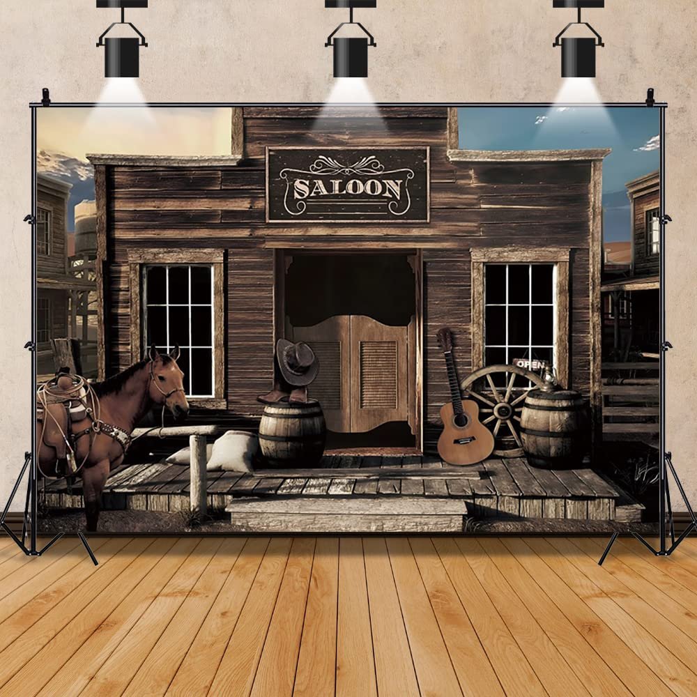 10x6.5ft Large West Saloon Backdrop - Wooden House Barn Door Photography Background for Western Themed Decoration, Photo Booth, and Cowboy Scene Setters