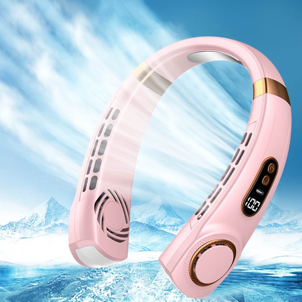 Portable Hanging Neck-Fan, USB Silent Multifunctional Bladeless Handheld Cool-Ing Fan, Sports Fan 5-Speed Adjust-Able Color Ambient Light Neck Strap Personal Fan, Home Office Use (Pink)