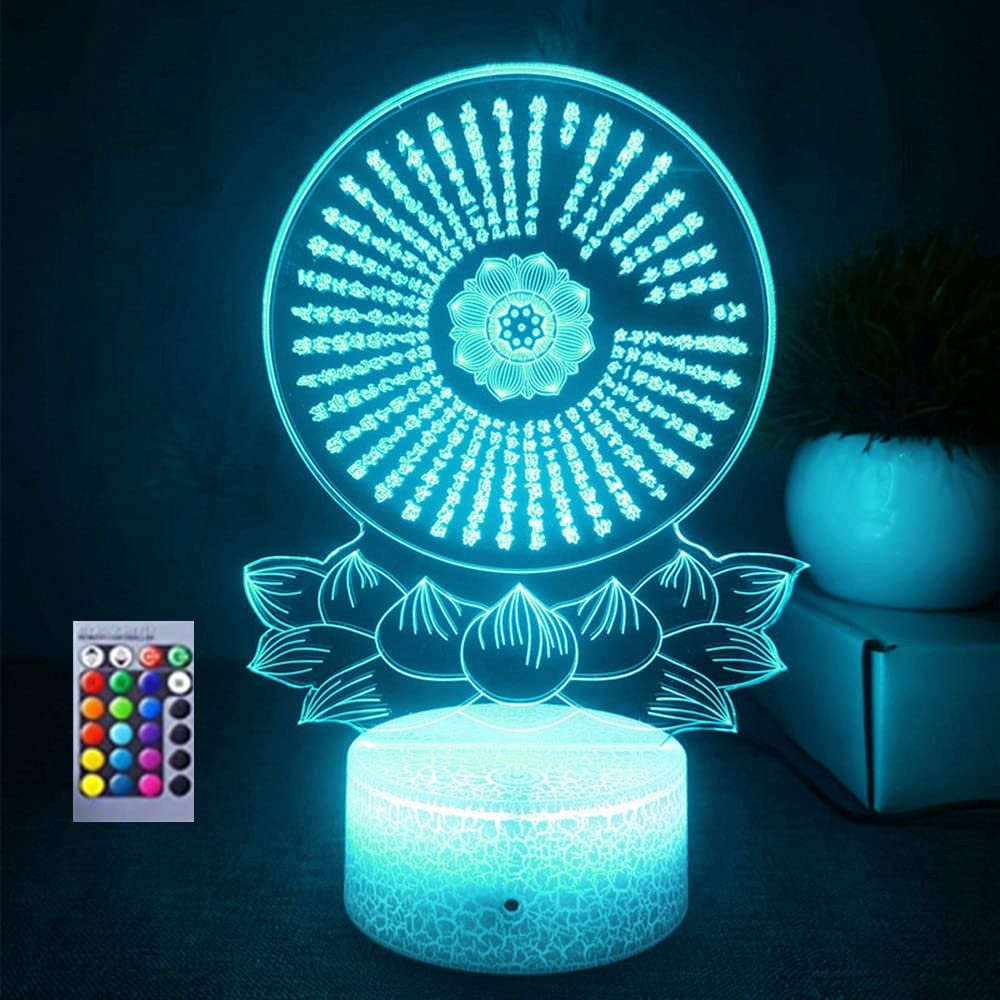 Jinnwell 3D Buddha Night Light Lamp Illusion 16 Color Changing Remote Table Desk Decoration Lamps Acrylic Flat ABS Base USB Cable Birthday Gift Toys