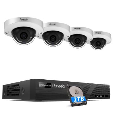 PANOOB PoE Security Camera Systems 8 Channel NVR 2TB HDD, 4Pcs 5MP Wired IP Dome Cameras Outdoor Indoor w/Person Vehicle Detection, Built-in Mic IP67 2.8mm Lens 100ft IR Night Vision, PD63A0408-5M