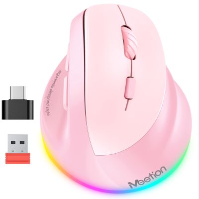 MEETION Ergonomic Mouse, Wireless Vertical Mouse RGB Backlit Rechargeable Mice for Bluetooth(5.2 + 3.0) USB-A with Type-c Adapter 4 Adjustable DPI Compatible Mac/Windows/Andriod/PC/Tablet/iPad Pink