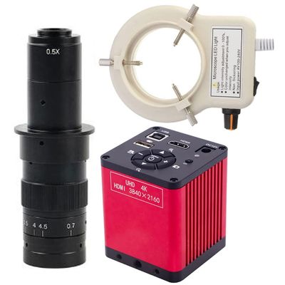 48MP 4K HDMI VGA USB 2.0 Microscope Camera 3840x2160 1080P Industrial Camera & 180X C-Mount Lens Whit 56-LED Adjustable Ring Light