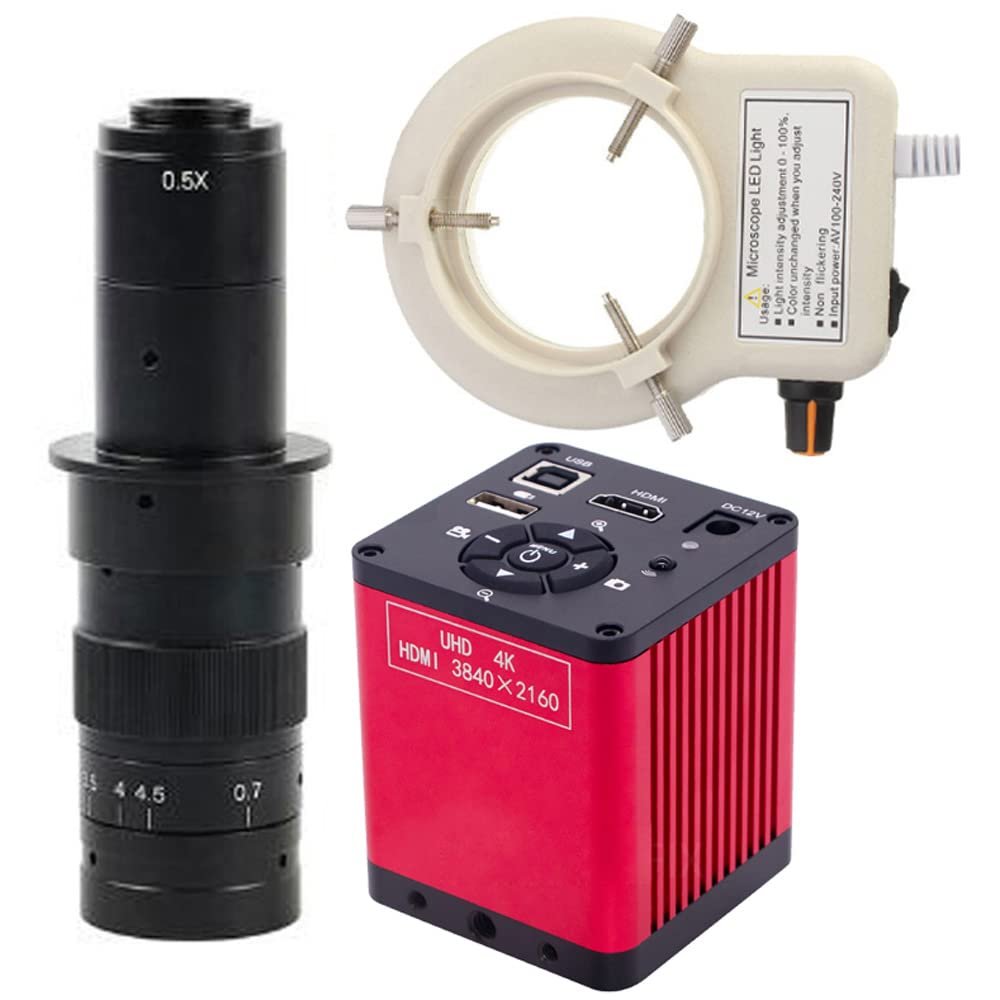 48MP 4K HDMI VGA USB 2.0 Microscope Camera 3840x2160 1080P Industrial Camera & 180X C-Mount Lens Whit 56-LED Adjustable Ring Light