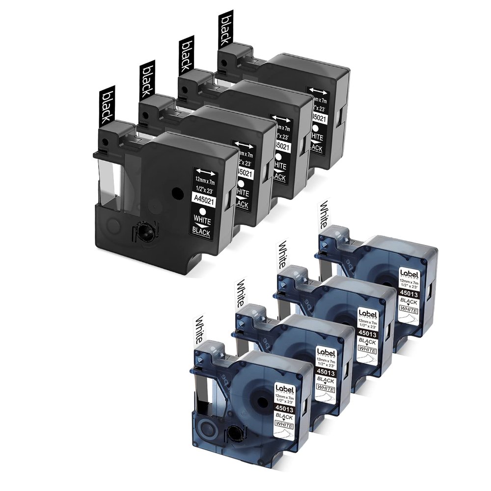 4 White + 4 Black Compatible with D1 Label Tape 12mm 0.47" Work with LabelManager 160 210D 420P PnP 220P 360D 450 210D ColorPOP, 4 Pack Black on White, 4 Pack White on Black