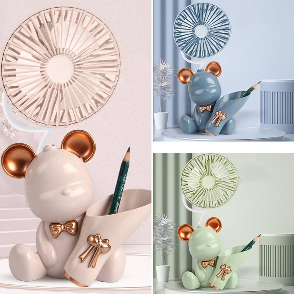 Creative Cartoon Small Desktop Fan USB Charging Small Fan Student Children Portable Fan K26Bear(Fan+pencilknife+Penholder)