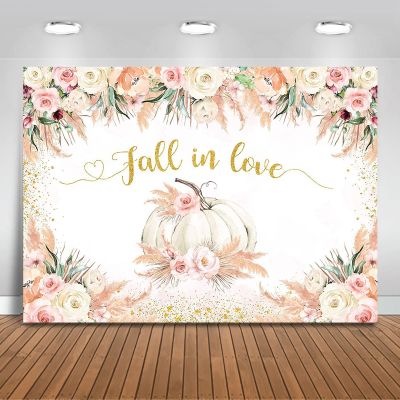 Mocsicka Pumpkin Fall in Love Backdrop Boho Pampas Grass Floral Pumpkin Wedding Shower Party Decorations Background Fall in Love Anniversary Photography Photobooth Props (10x8ft)