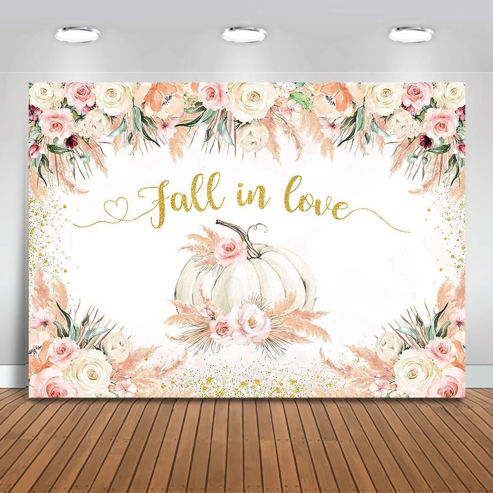 Mocsicka Pumpkin Fall in Love Backdrop Boho Pampas Grass Floral Pumpkin Wedding Shower Party Decorations Background Fall in Love Anniversary Photography Photobooth Props (10x8ft)