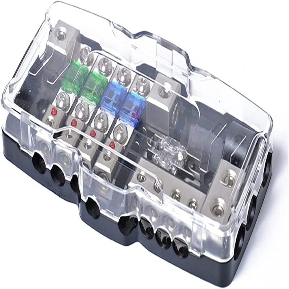 NOVOCE Mini Fuse Holder 2 in 4 Out Power Distribution Block Multi-Functional Fuse Box with LED 4 Way Fuse Block for Car Audio Stereo