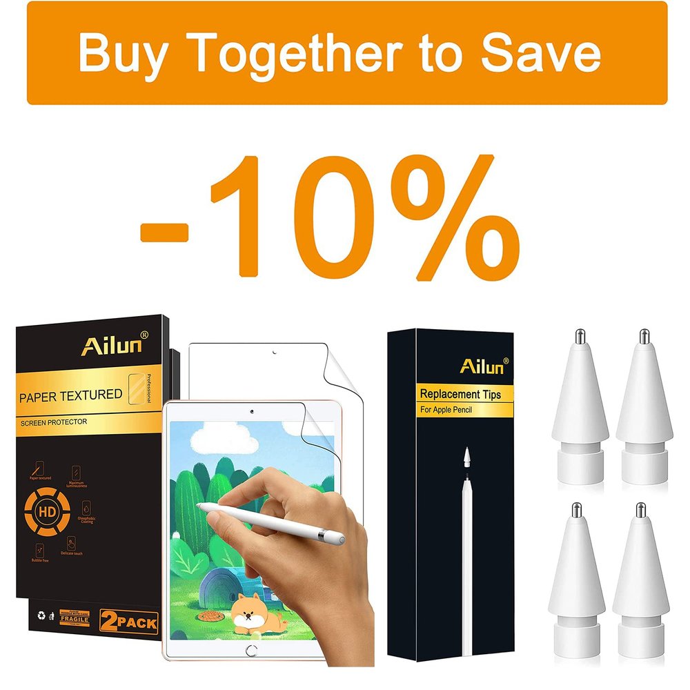 Ailun for for New iPad 9/8/7 (10.2-Inch) Paper Textured Screen Protector 2Pack and 4 Pack Apple Pencil Tips Replacement,Compatible with Apple Pencil 1st Gen and 2nd Gen
