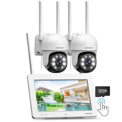 Camcamp Wireless Security Camera System with 7" Monitor, 3MP PTZ Outdoor Security Cameras, Plug-in-Play, 4CH NVR 32GB, No Monthly Fee, 24/7 Record, Color Night Vision, 2-Way Talk for Outside Indoor