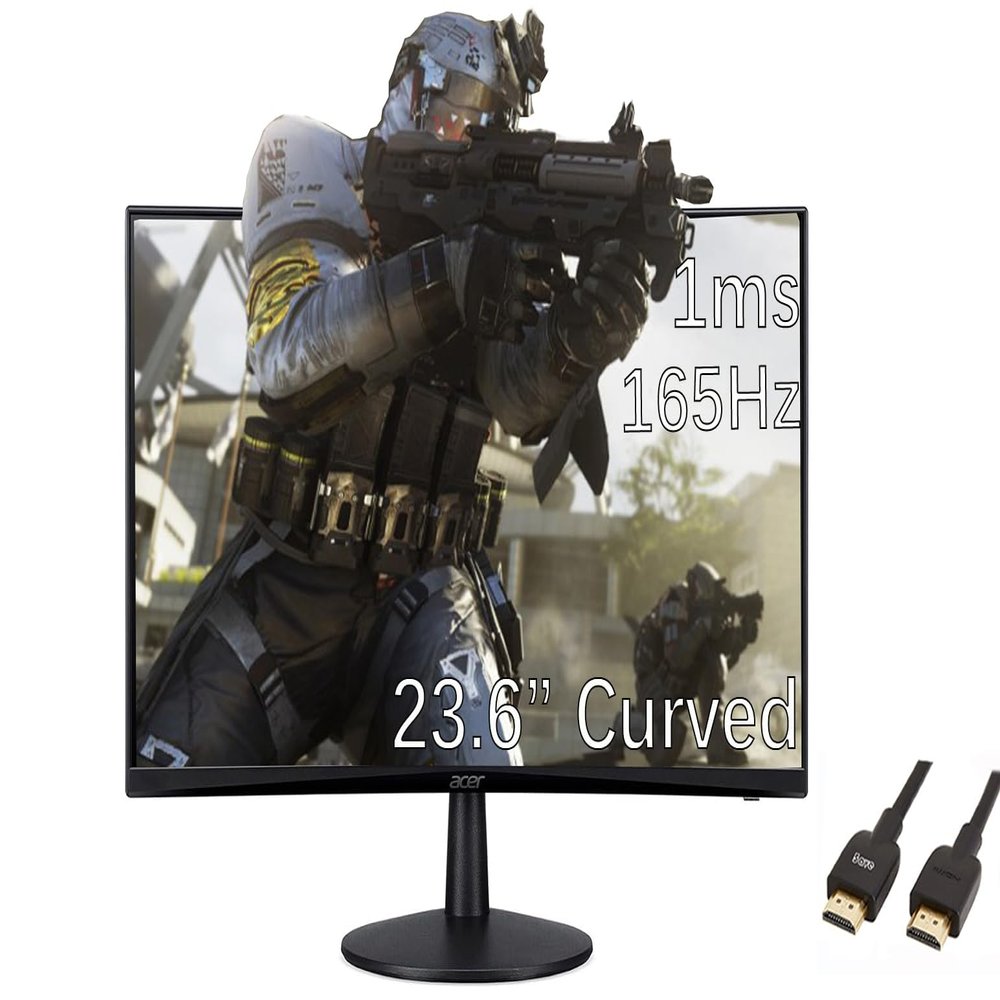 Acer Nitro ED-Series 23.6 FHD 1500R Curved Gaming Monitor, AMD FreeSync Premium, 165Hz Refresh Rate, 1ms (VRB), 1920 x 1080, ZeroFrame Design, Black, with 5ave HDMI Cable