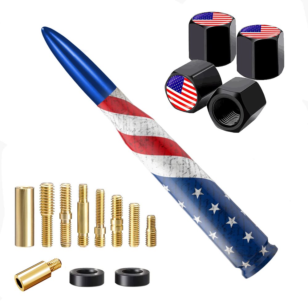 Car Truck Bullet Antenna with Valve Stem Caps, Universal Antenna Mast for GM Chevy Silverado 1500 2500 3500 HD Avalanche Ford F150 F250 F350 Heavy Duty Pickup Jeep Accessories (Blue)-American Flag