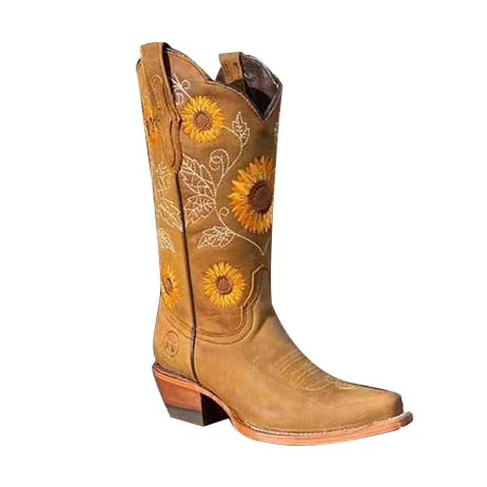 Cowboy Boots for Women Sunflower Embroidery Stitched Square Toe Low Heel Boot Mid-Calf Cowgirl Western Boots Ladies Pointy Toe Fashion Boots Khaki Brown Coffee US 5-10.5