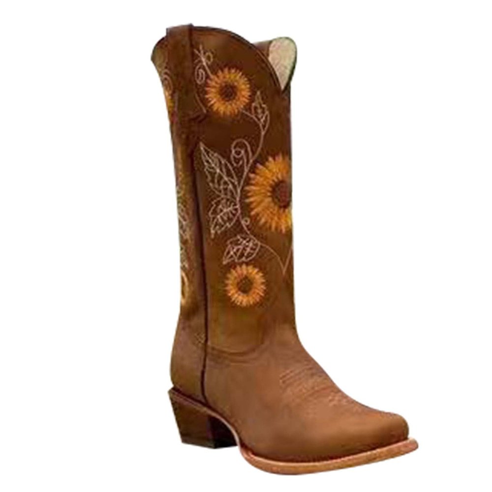 Cowboy Boots for Women Sunflower Embroidery Stitched Square Toe Low Heel Boot Mid-Calf Cowgirl Western Boots Ladies Pointy Toe Fashion Boots Khaki Brown Coffee US 5-10.5