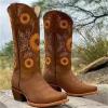 Cowboy Boots for Women Sunflower Embroidery Stitched Square Toe Low Heel Boot Mid-Calf Cowgirl Western Boots Ladies Pointy Toe Fashion Boots Khaki Brown Coffee US 5-10.5 view 2