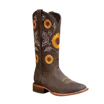 Cowboy Boots for Women Sunflower Embroidery Stitched Square Toe Low Heel Boot Mid-Calf Cowgirl Western Boots Ladies Pointy Toe Fashion Boots Khaki Brown Coffee US 5-10.5