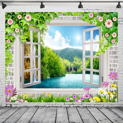 CORFOTO 15x10ft Fabric Window View Mountains Backdrop Flowers Window Nature Waterfall Scenery Photography Background for Kids Children Baby Shower Birthday Party Decor Bedroom Aesthetic Wall Decor